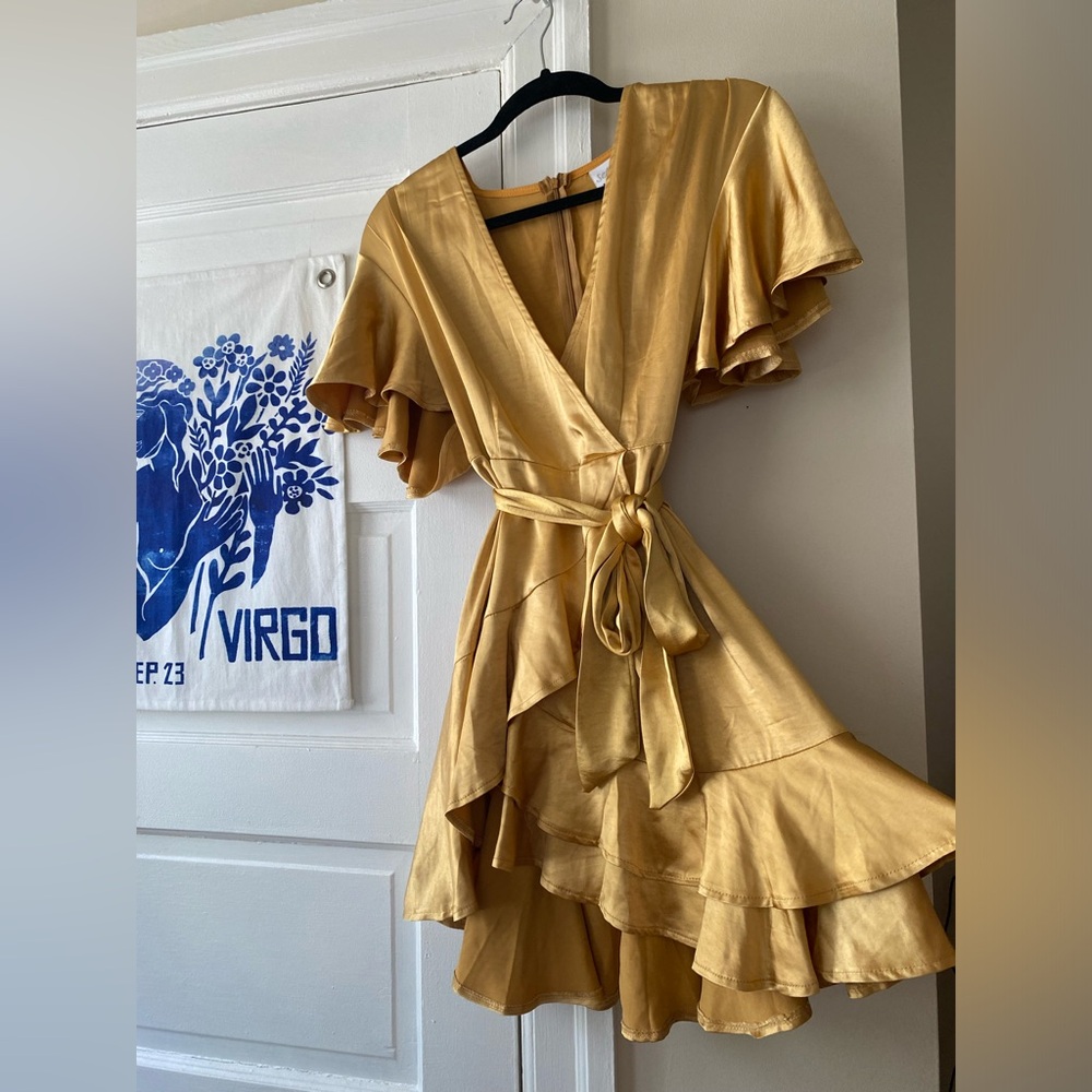 Selfie Leslie Gold Satin Wrap Dress